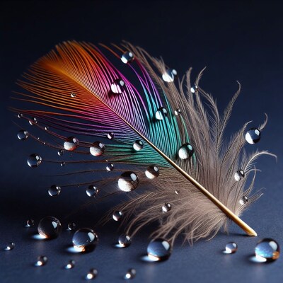 Colorful Feather with Water Droplets