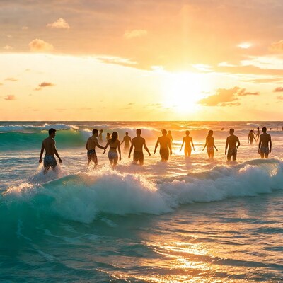 Group wading in ocean waves at sunset