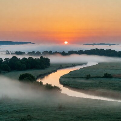 Sunrise over misty river landscape