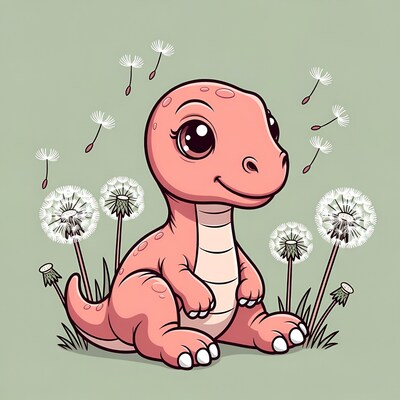 Cute pink T-Rex with dandelions