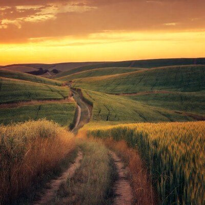Winding path through rolling wheat fields at sunset