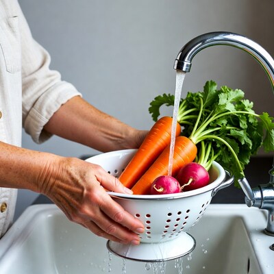 Woman washing carrots radishes sink