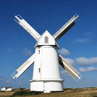 White windmill on grassy hill