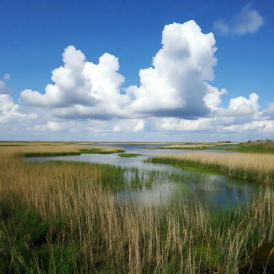 Marshland with reeds under blue sky