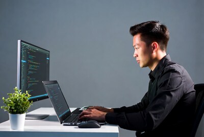 Asian man coding on dual monitors