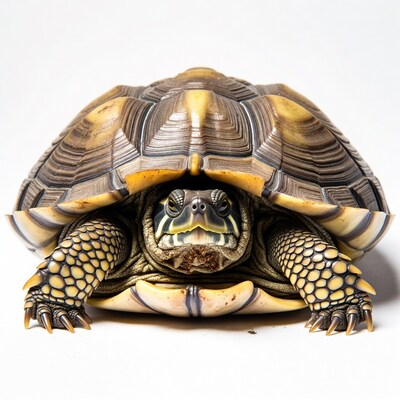 Close-up of ornate turtle on white background