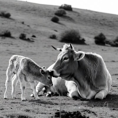 Cow nuzzling calf on grassy hill
