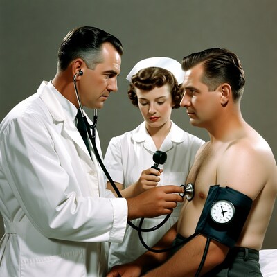 Doctor and nurse checking patient blood pressure