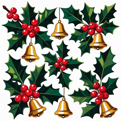 Holly Leaves Bells Christmas Clipart