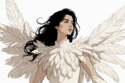 Woman with white feathered wings