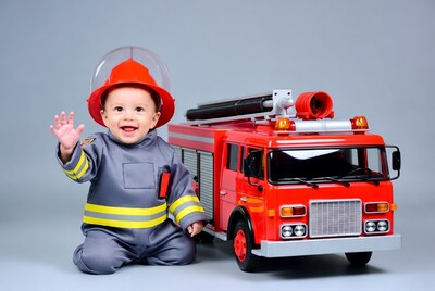 Baby boy in firefighter costume with toy truck