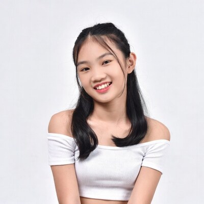 Smiling Asian girl in off-shoulder top