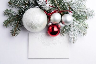 Christmas ornaments with fir branches and blank card