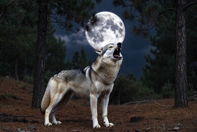 Wolf howling at full moon