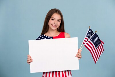 Girl holding blank sign with American flags