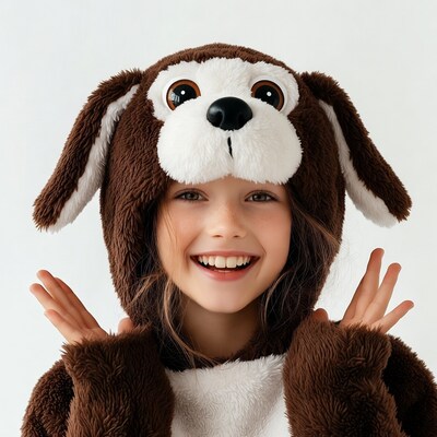 Girl smiling in brown dog costume