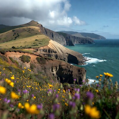 Wildflowers on Coastal Cliffs Over Ocean