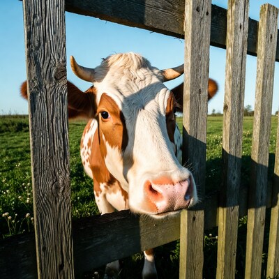 Cow peering through wooden fence