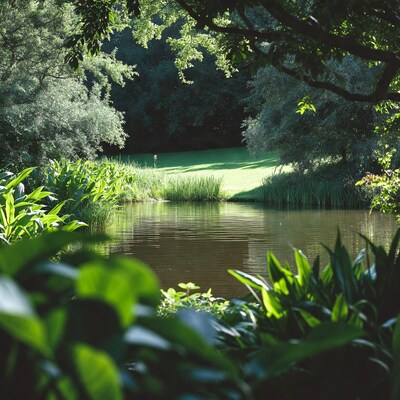 Serene pond surrounded by lush greenery