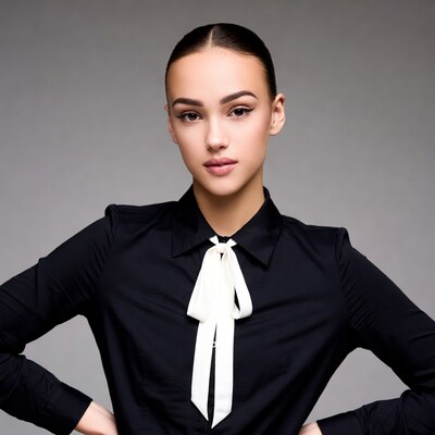 Woman in black shirt with white bowtie