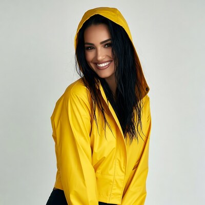 Woman smiling in yellow raincoat