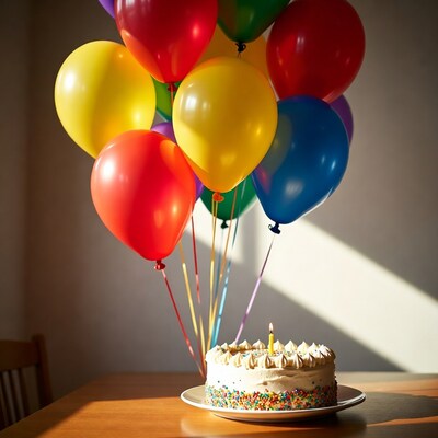 Birthday cake with colorful balloons
