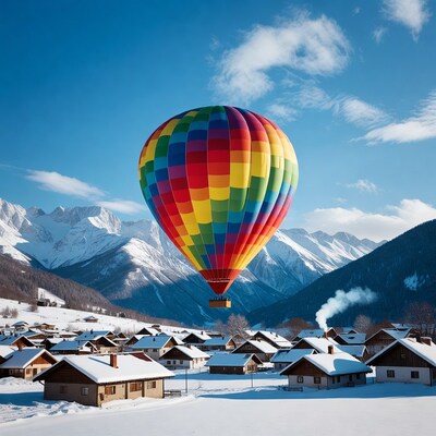 Colorful hot air balloon over snowy alpine village