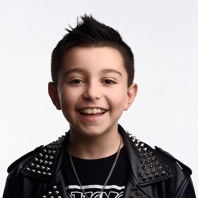 Boy smiling in spiked leather jacket
