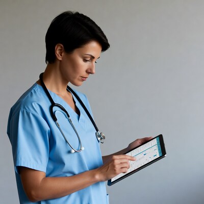 Nurse using tablet with stethoscope