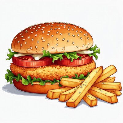 Chicken Burger with Fries Illustration