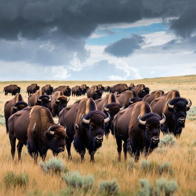Herd of bison in golden grassland