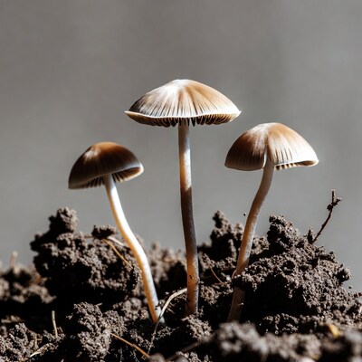 Three mushrooms growing in soil