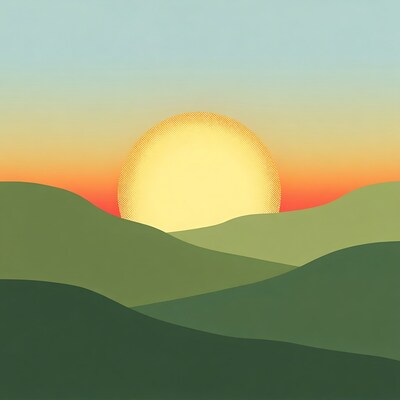 Sunset over green mountains illustration