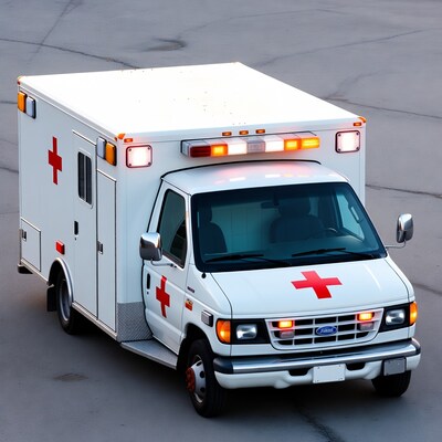 White ambulance with lights on