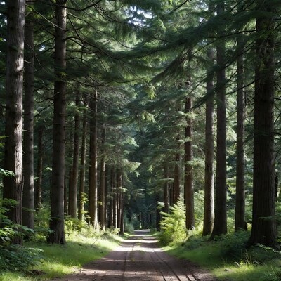 Dirt path through tall pine forest