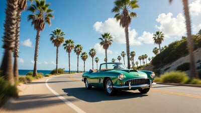 Green convertible driving coastal palm road