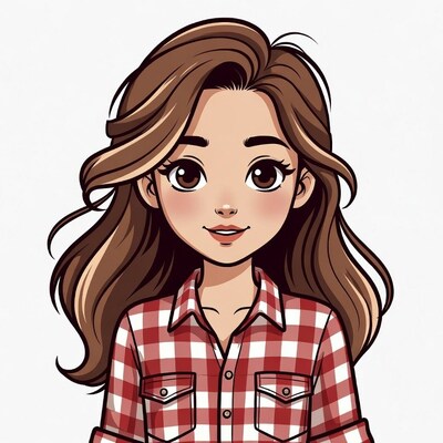 Cartoon girl with brown hair plaid shirt