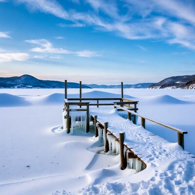 Icy Wooden Pier on Frozen Lake