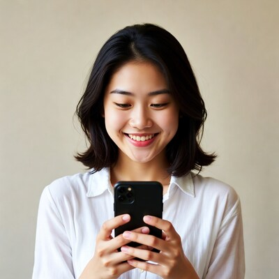 Asian woman smiling at smartphone