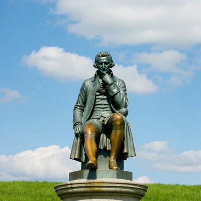 Bronze statue of man thinking on pedestal