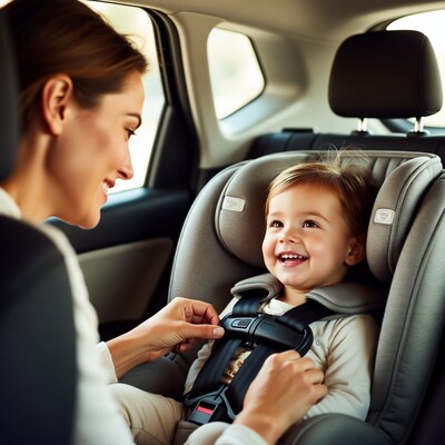 Mother buckling baby into car seat