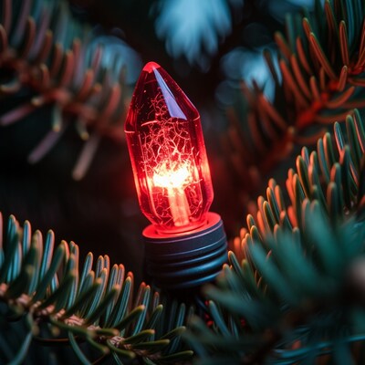 Red Christmas Light on Pine Branches