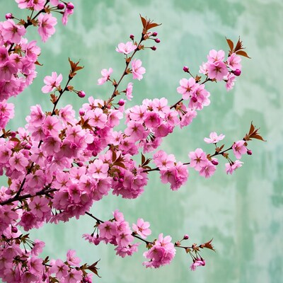Pink Cherry Blossoms on Green Background