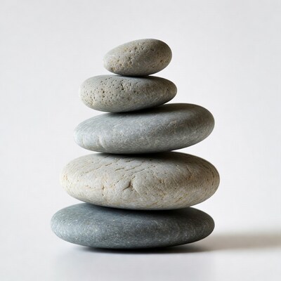 Stacked gray pebbles on white background