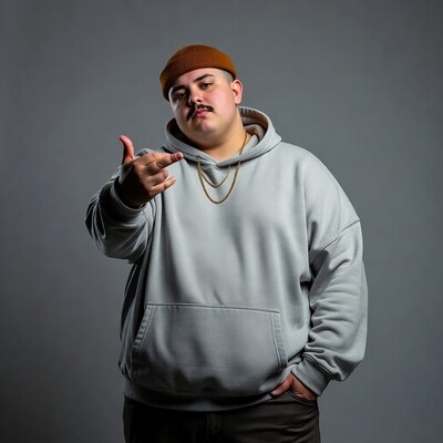 Chubby Latino man pointing in hoodie