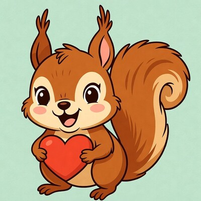 Cute squirrel holding red heart