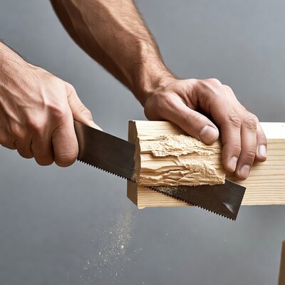 Man sawing wood with handsaw