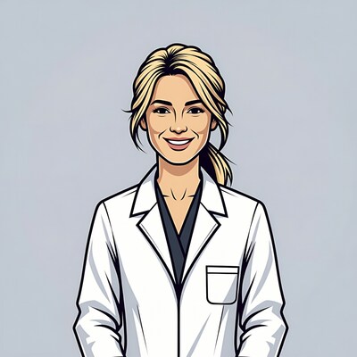 Blonde woman in white lab coat