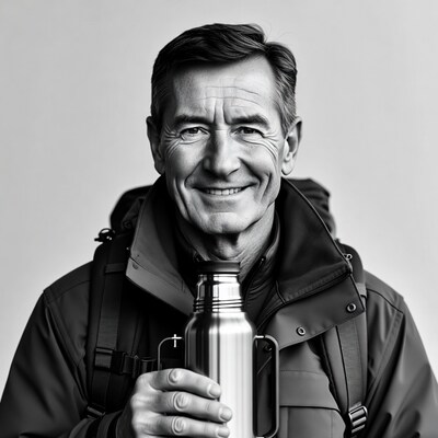 Smiling man holding water bottle backpack