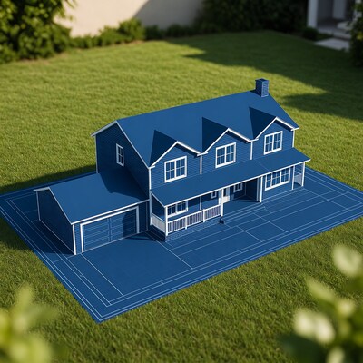 Blue house model on blueprint